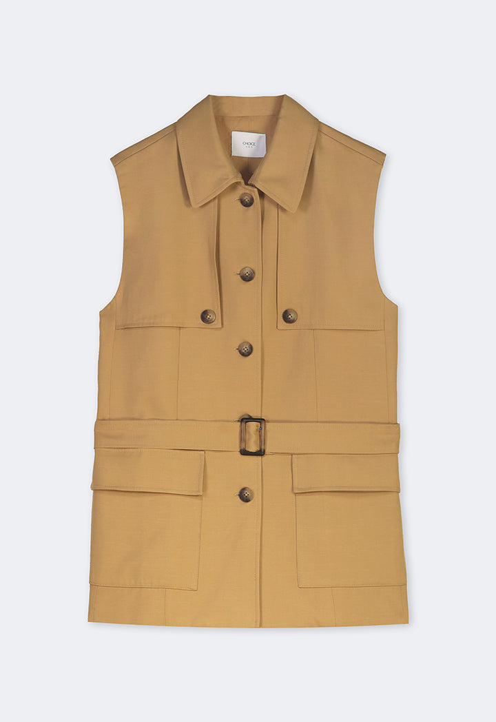 Choice Front Flap Pockets Belted Gilet Camel