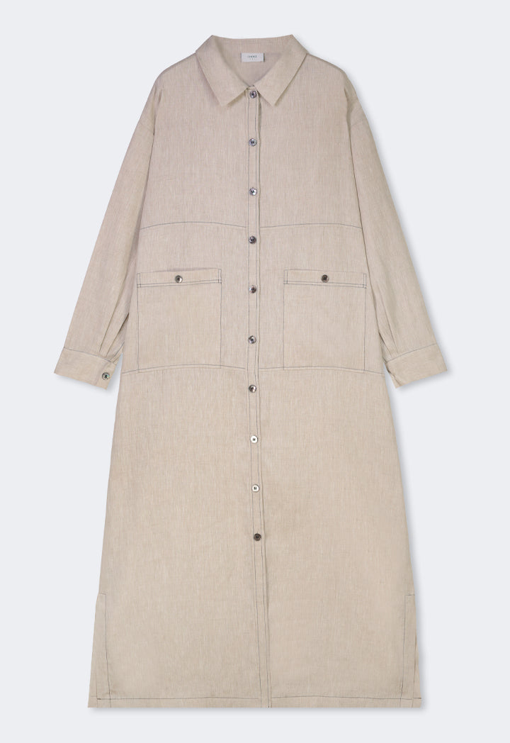 Choice Front Pockets Linen Shirt Dress Beige