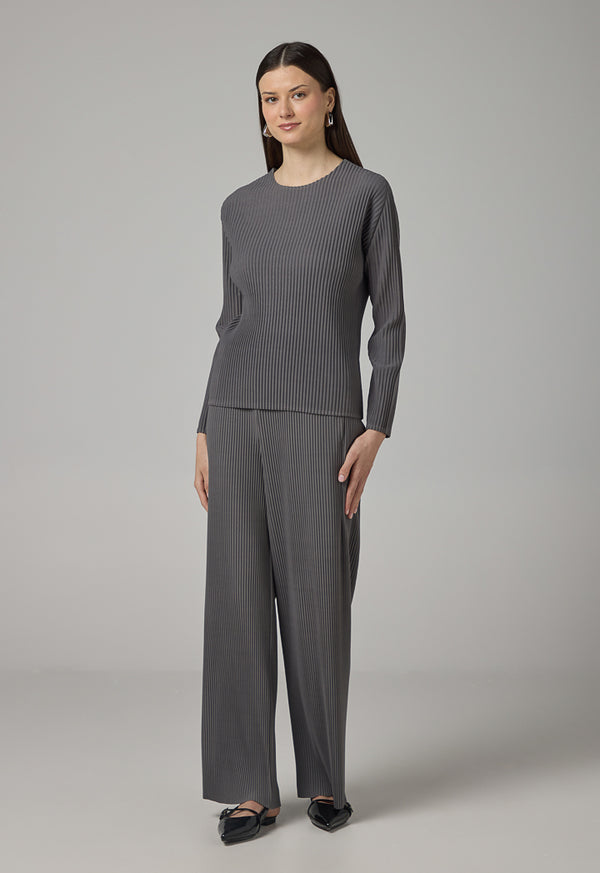 Choice Long Sleeve Pleated Blouse Grey
