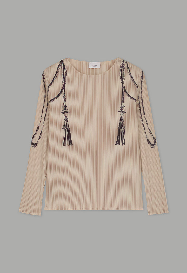 Choice Contrast Printed Pleated Top Beige