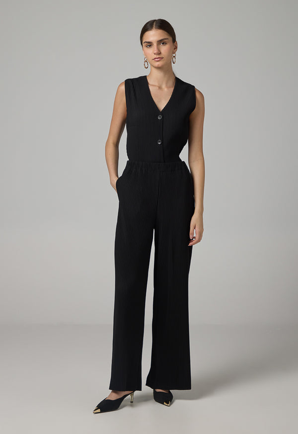Choice Wide Leg Pleated Solid Trousers Black