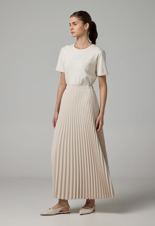Choice Solid Pleated Maxi Skirt Cream