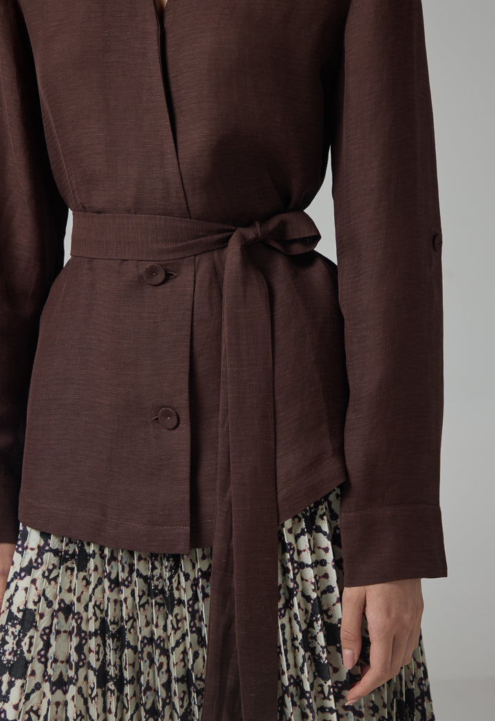 Choice Long Sleeve Basic Belted Kimono Brown