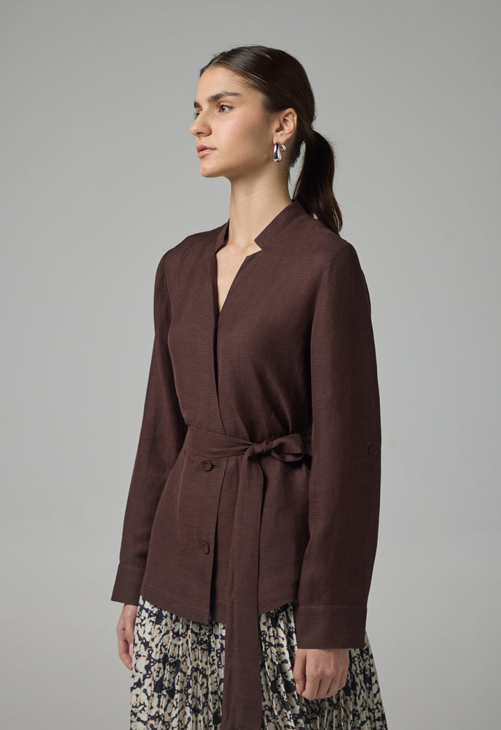 Choice Long Sleeve Basic Belted Kimono Brown