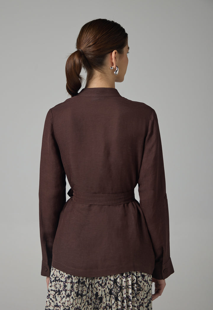 Choice Long Sleeve Basic Belted Kimono Brown