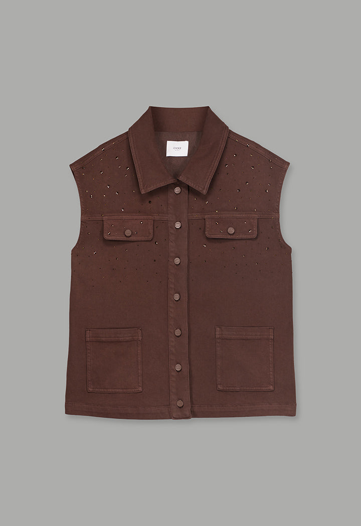 Choice Solid Crystal Embellished Denim Vest Brown