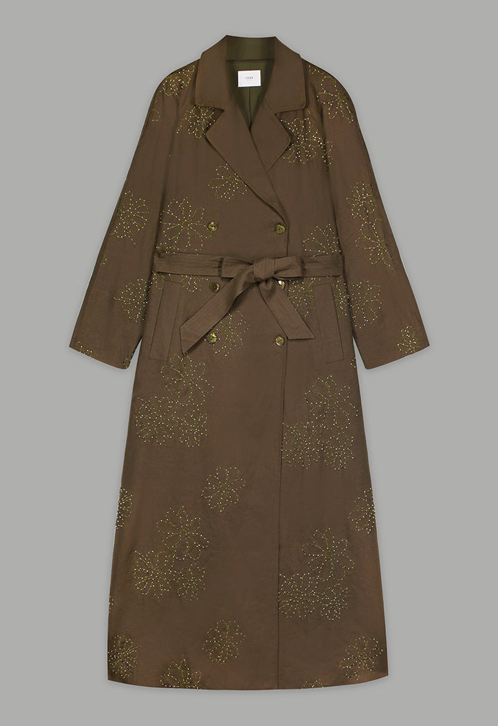Choice Floral Embroidered Linen Coat Khaki