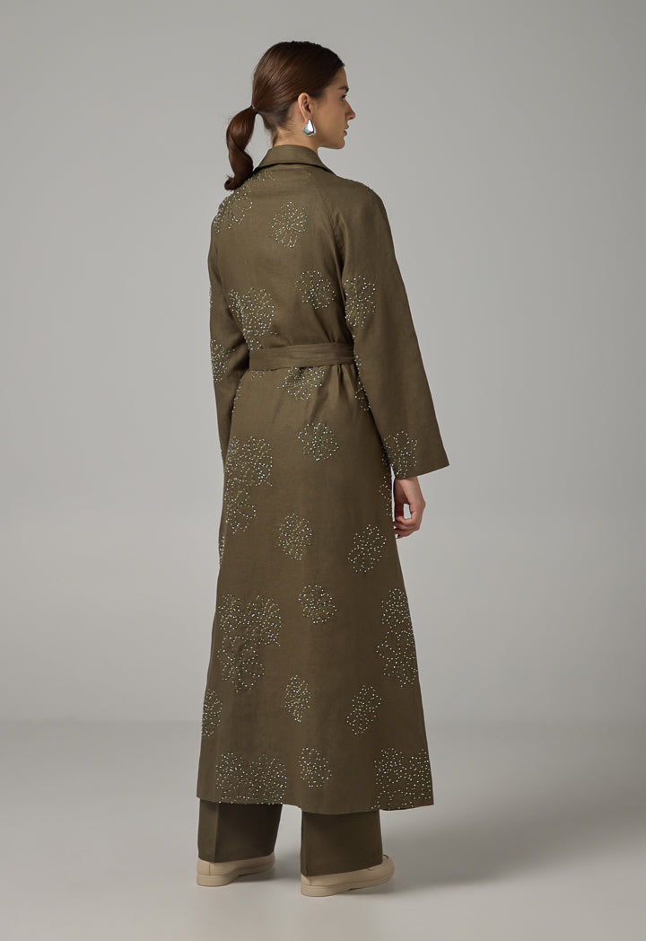 Choice Floral Embroidered Linen Coat Khaki