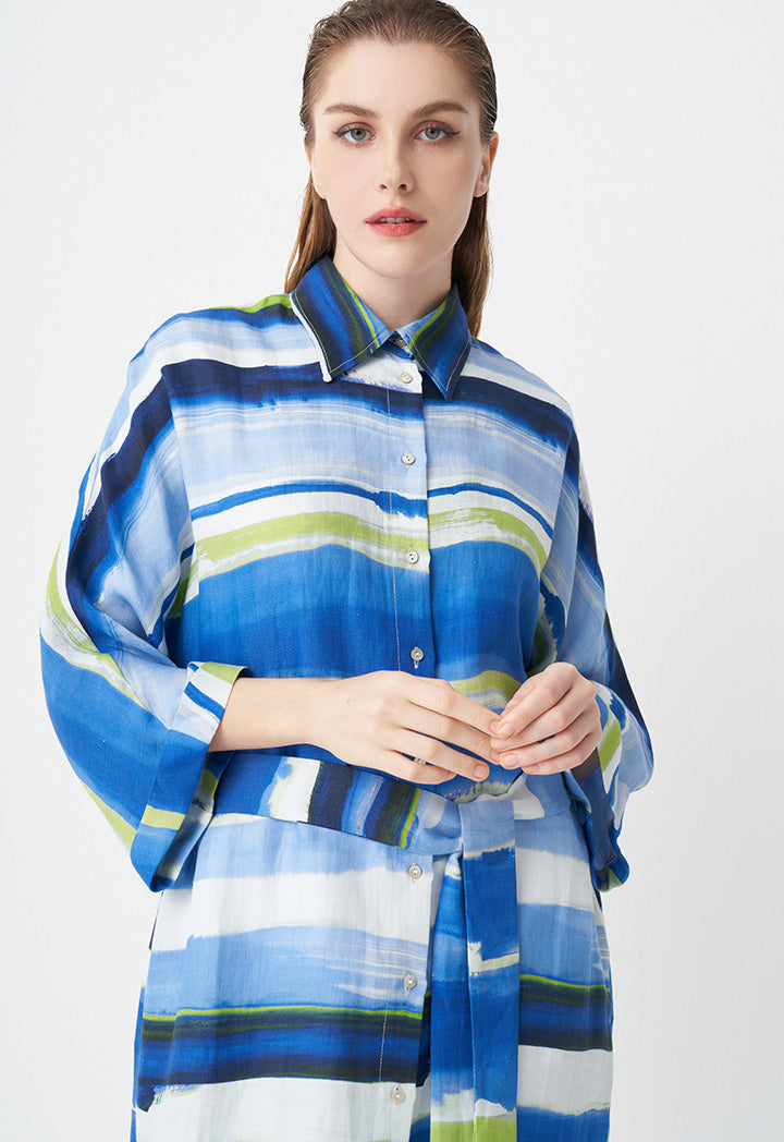 Choice Printed Belted Maxi Shirt Dress  Blue