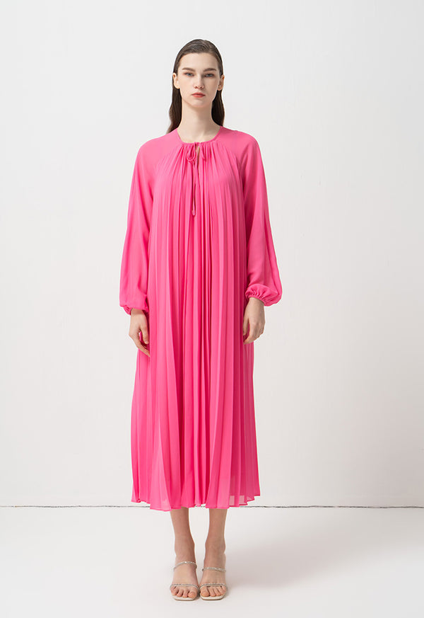 Choice Single Tone Raglan Sleeves Pleated Dress Fuchsia