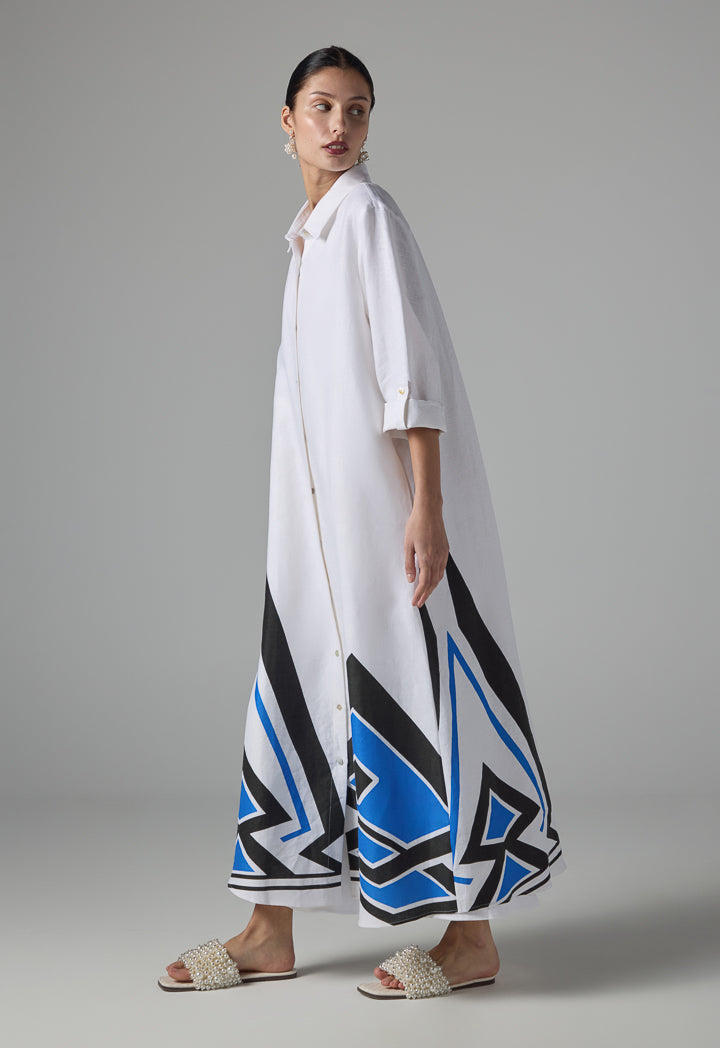 Choice Printed Hem Linen Maxi Shirt Dress - Ramadan Style Off White