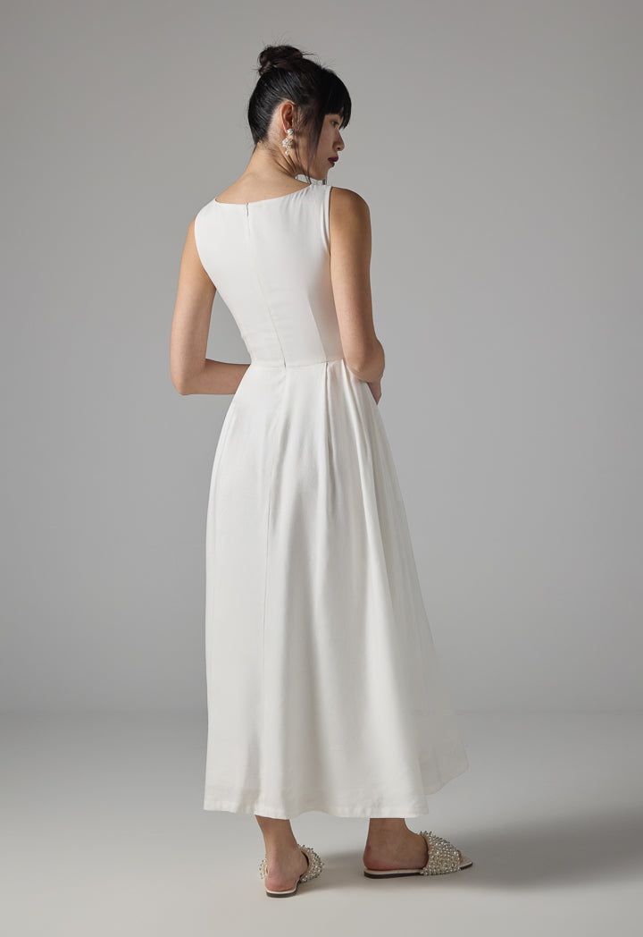 Choice Solid Sleeveless Flared Maxi Dress - Ramadan Style Off White