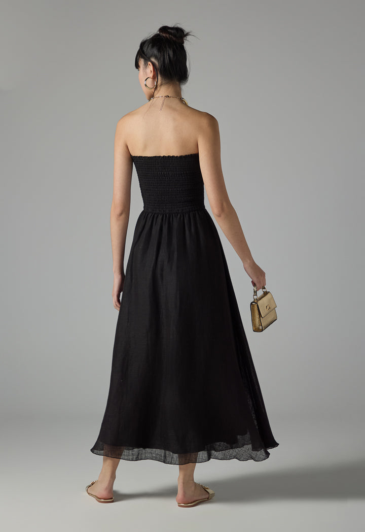 Choice Solid Flared Smocked Dress - Ramadan Style Black