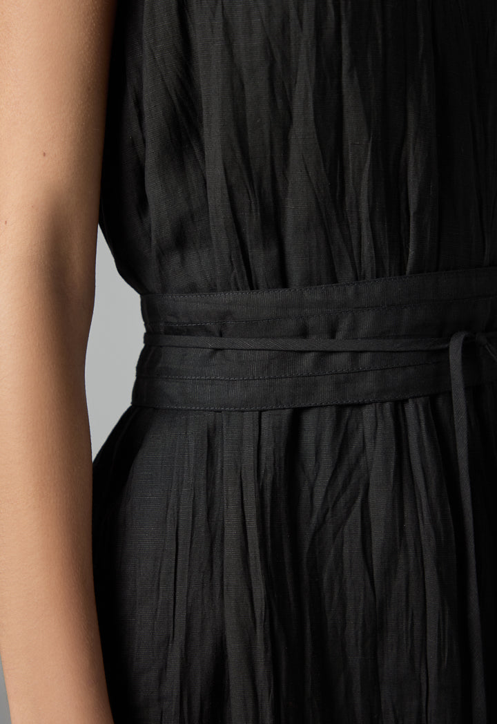 Choice Sleeveless Pleated Basic Belted Dress - Ramadan Style Black