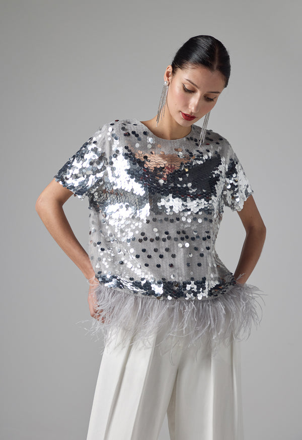 Choice Solid Blouse With Feather Details Grey