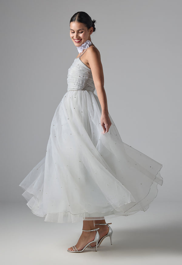 Choice Multi-Layered Crystal Embellished Organza Dress Light Grey