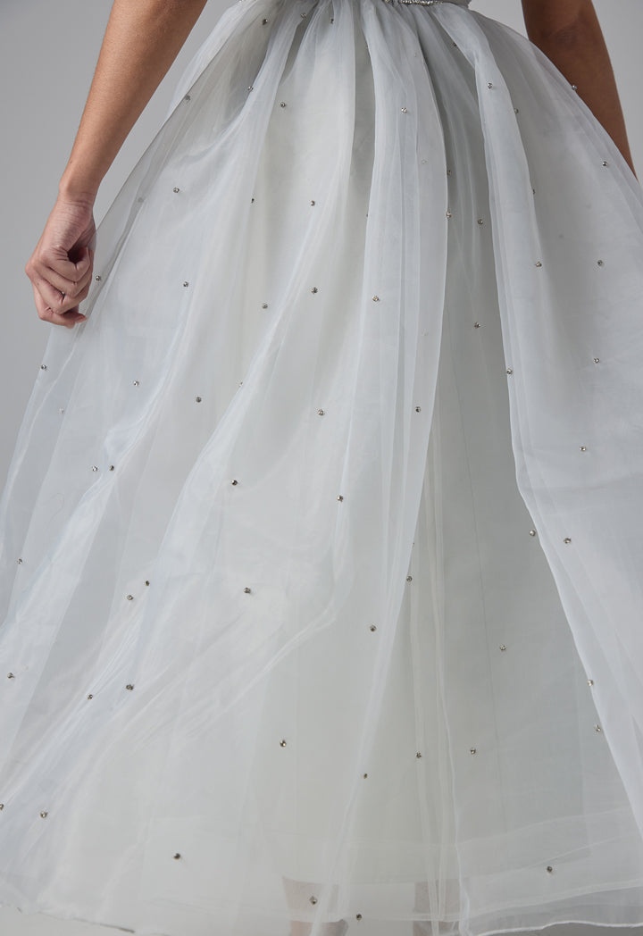 Choice Multi-Layered Crystal Embellished Organza Dress Light Grey