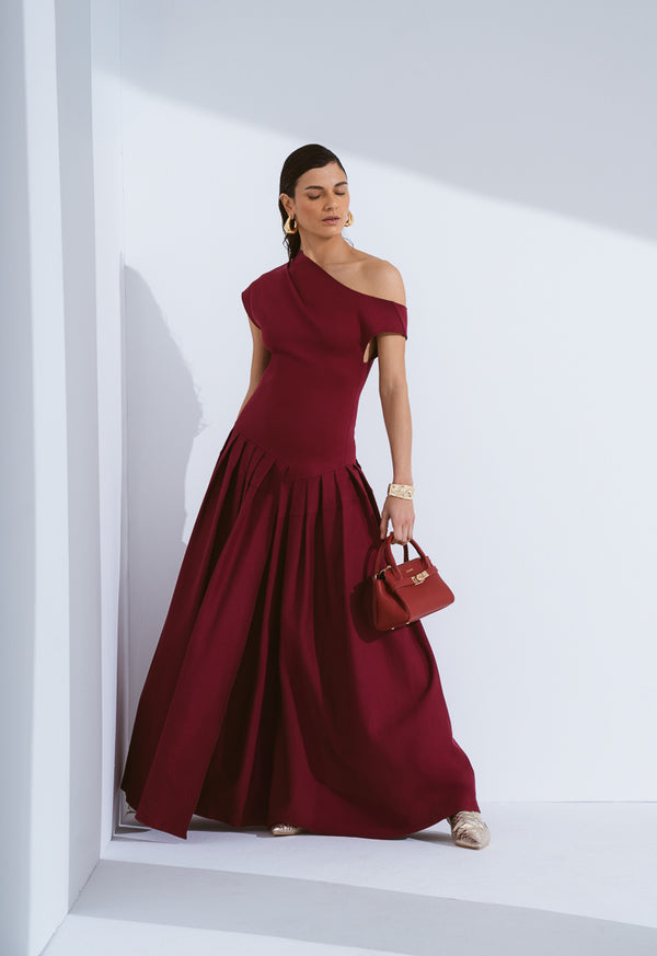 Choice Half Of Shoulder Pleated Dress Wine