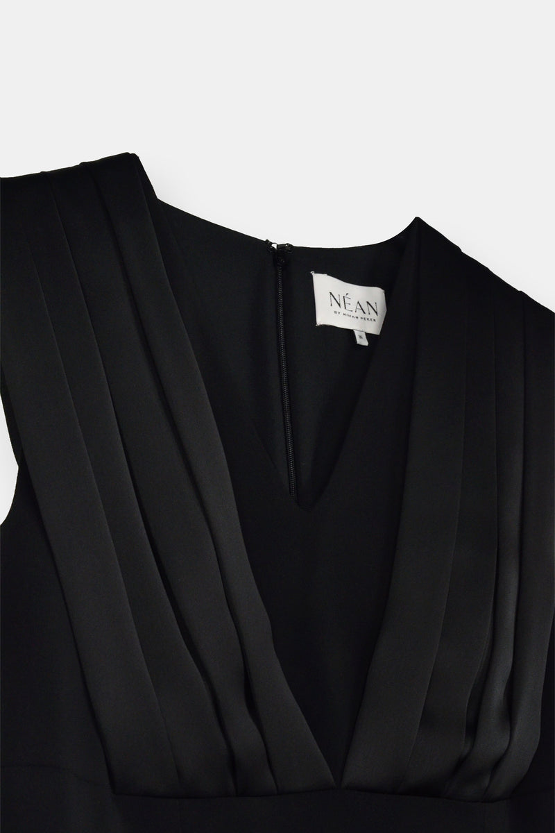 Nean Pleated Satin Panel Midi Dress Black