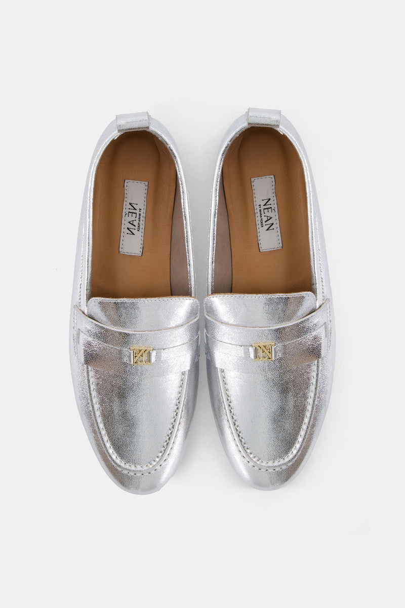 Nean Leather Metallic Embellished Charms Loafers Silver