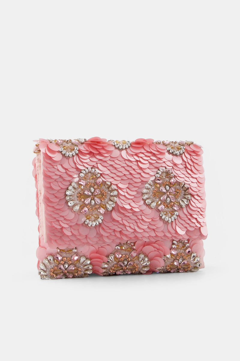 Nean Solid Sequins Embellished Clutch Bag Pink