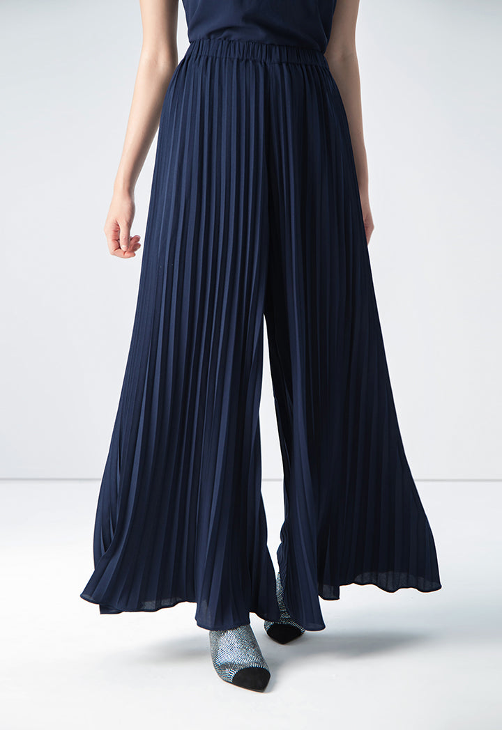 Choice Solid Pleated Wide Legs Trousers Navy