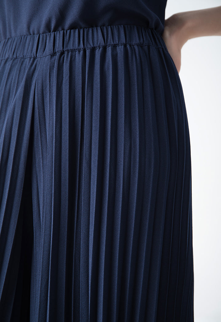 Choice Solid Pleated Wide Legs Trousers Navy