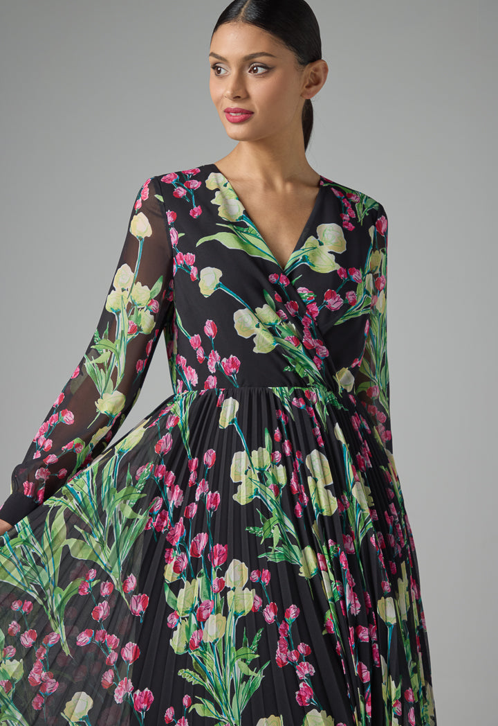 Choice Floral Print Pleated Maxi Dress Multi Color