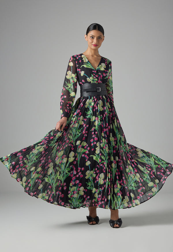 Choice Floral Print Pleated Maxi Dress Multi Color