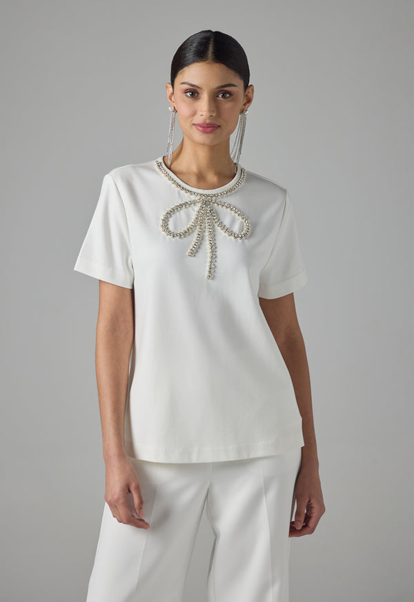 Choice Solid Crystal Embellished T-Shirt Off White