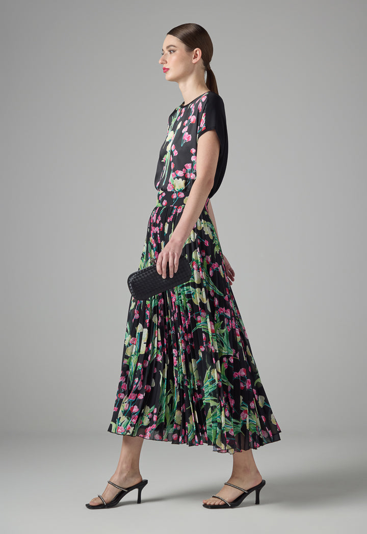 Choice Floral Print Pleated Maxi Skirt Multi Color