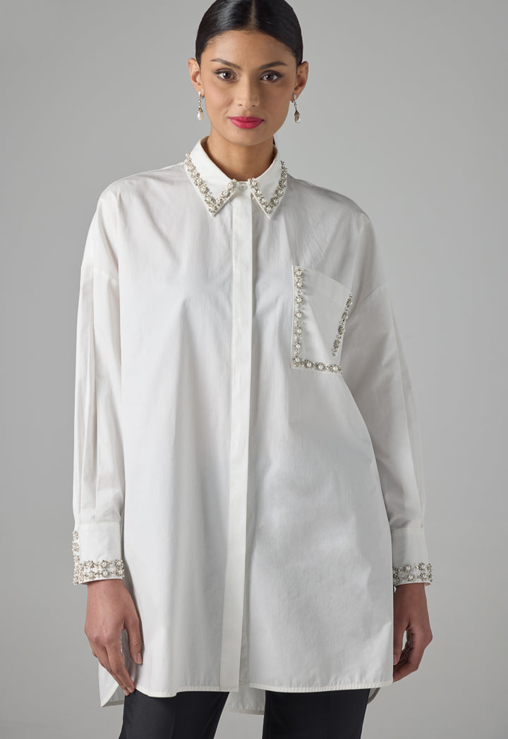 Choice Solid Long Sleeve Crystal Embellished Shirt Off White