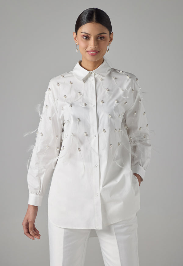 Choice Long Sleeve Crystal Embellished Feather Shirt  Off White
