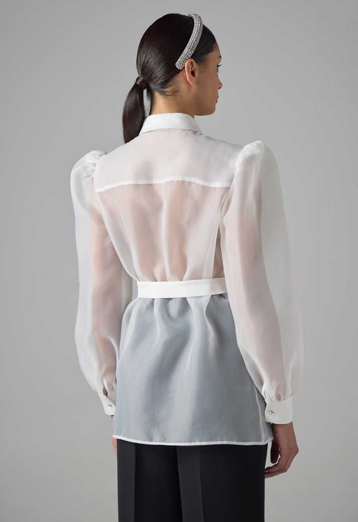 Choice Organza Details Crystal Embellished Shirt  Off White