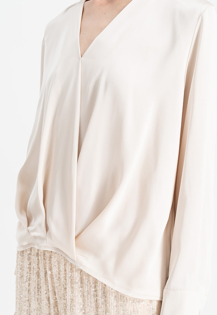 Choice Solid Long Sleeves Pleated Blouse Cream