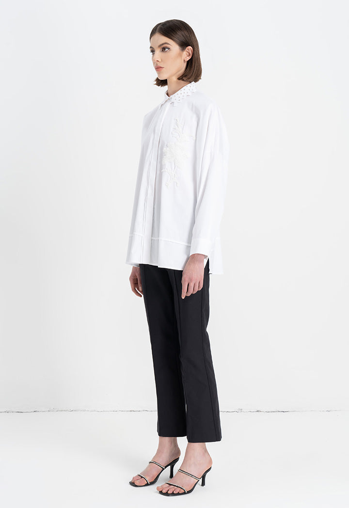 Choice Solid Embroidered Detail Shirt Off White