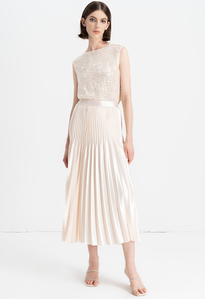 Choice Elastic Waistband Pleated Maxi Skirt Cream