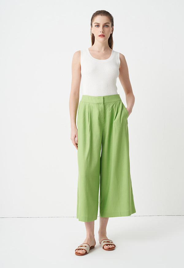 Choice Solid Wide Legs Pleated Culottes Green