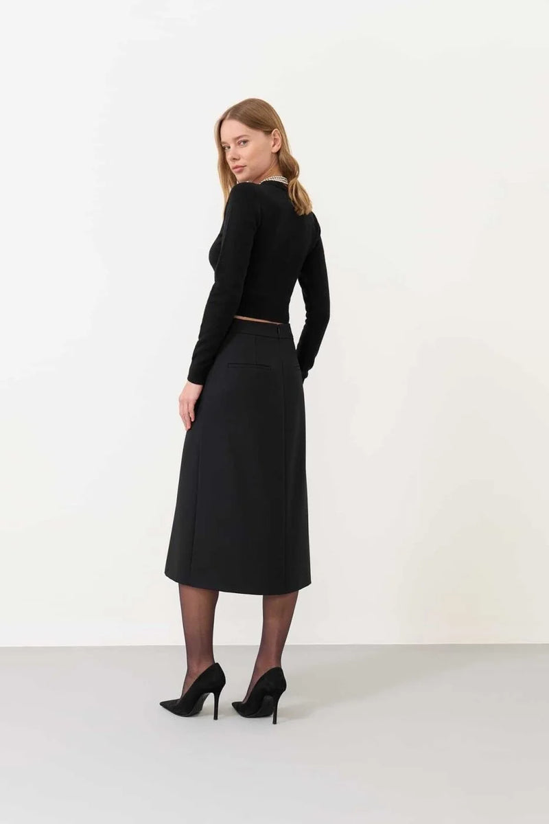 Roman Slit Midi Length Wool Skirt  Black