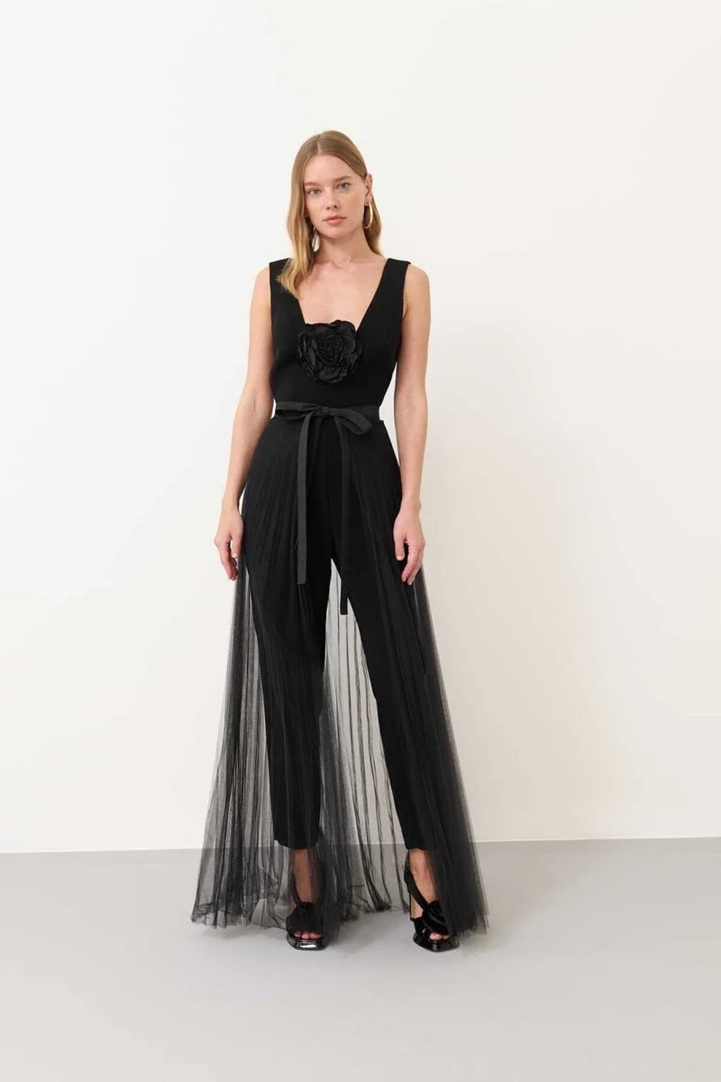 Roman Deep V Neck Jumpsuit With Pleated Tulle Skirt Black