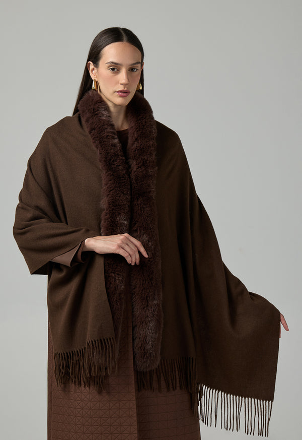 Choice Faux Fur Embellished Shawl Dark Brown