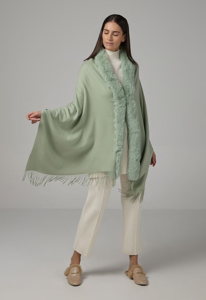 Choice Faux Fur Embellished Poncho Green