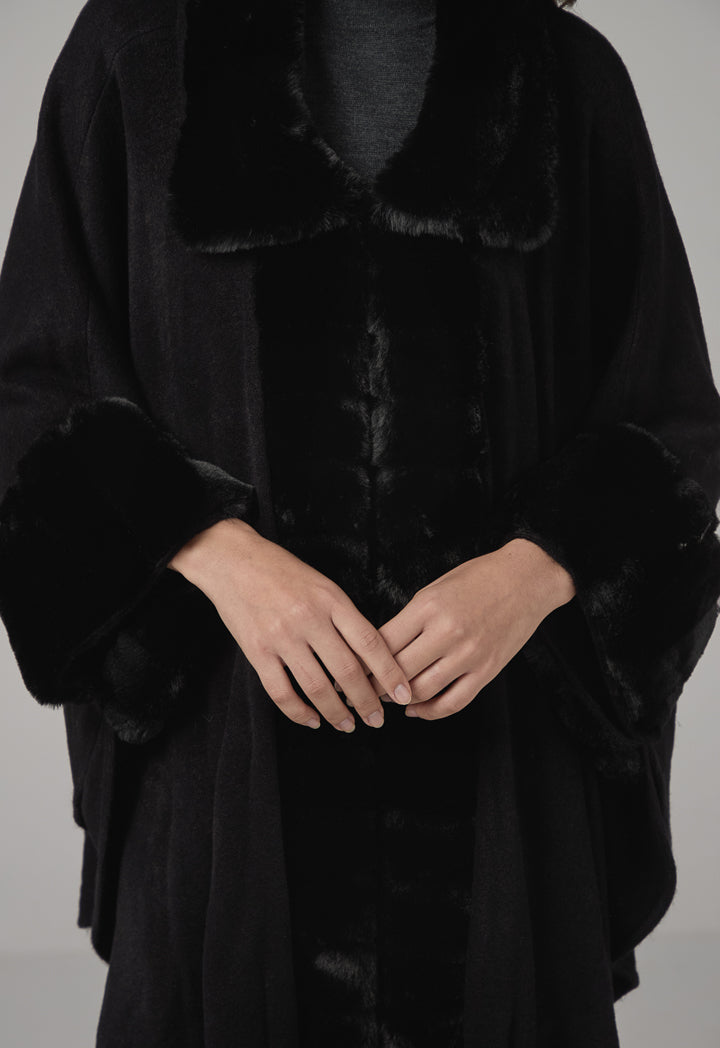 Choice Faux Fur Collar Poncho Black