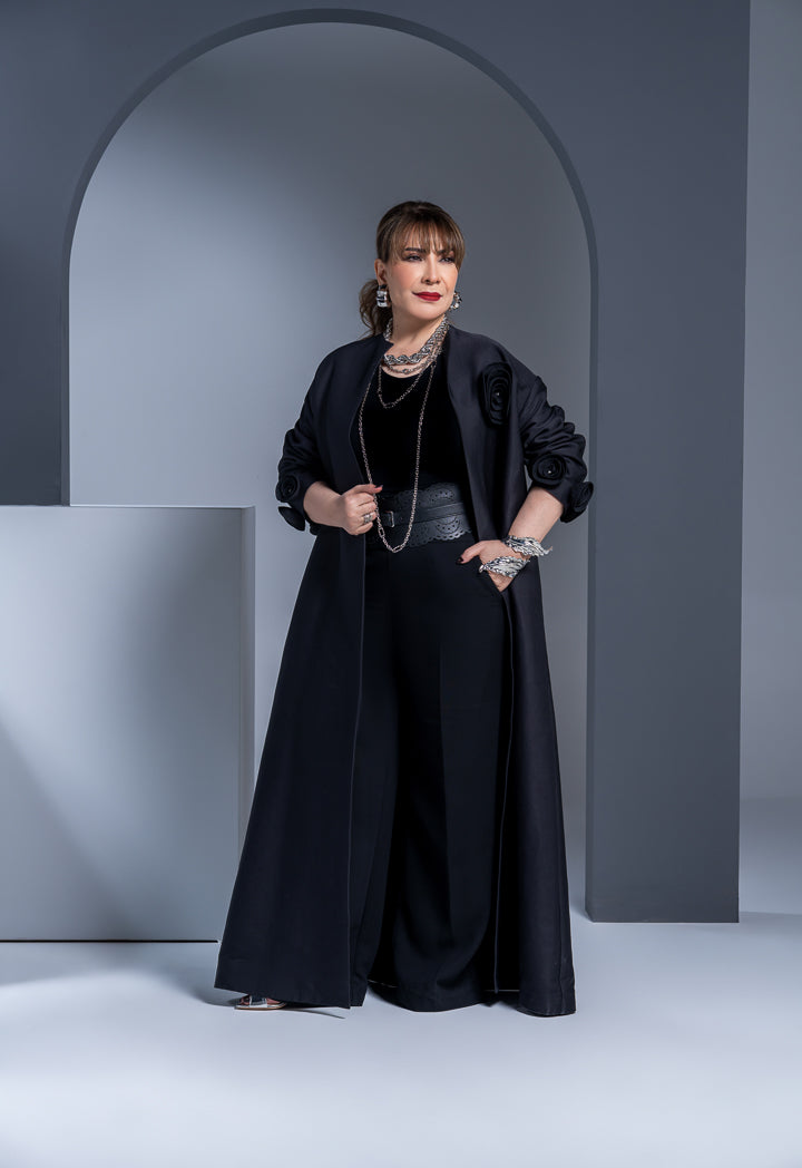 Choice Flowers Patch Long Sleeve Maxi Abaya Black