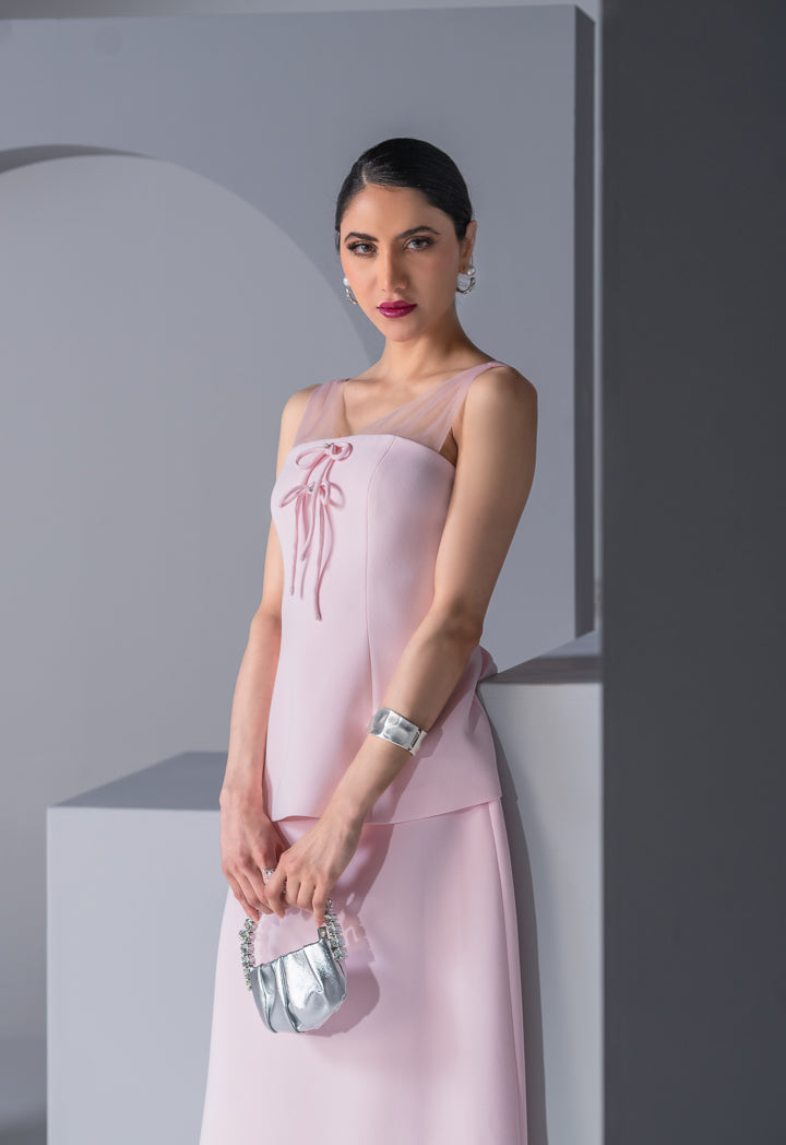 Choice Solid Tulle Bow-Detail Sleeveless Top Pink