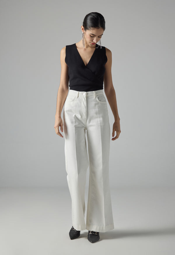 Choice Solid Straight Wide Legs Denim Trousers Off White