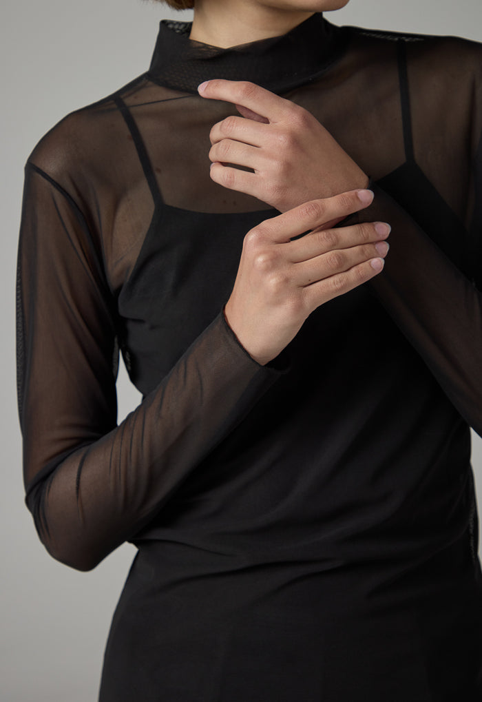 【Kashiko】24fw Highneck Mesh Top Zeagoo Mesh Shirt Sheer See Through Tops Lace Long Sleeve