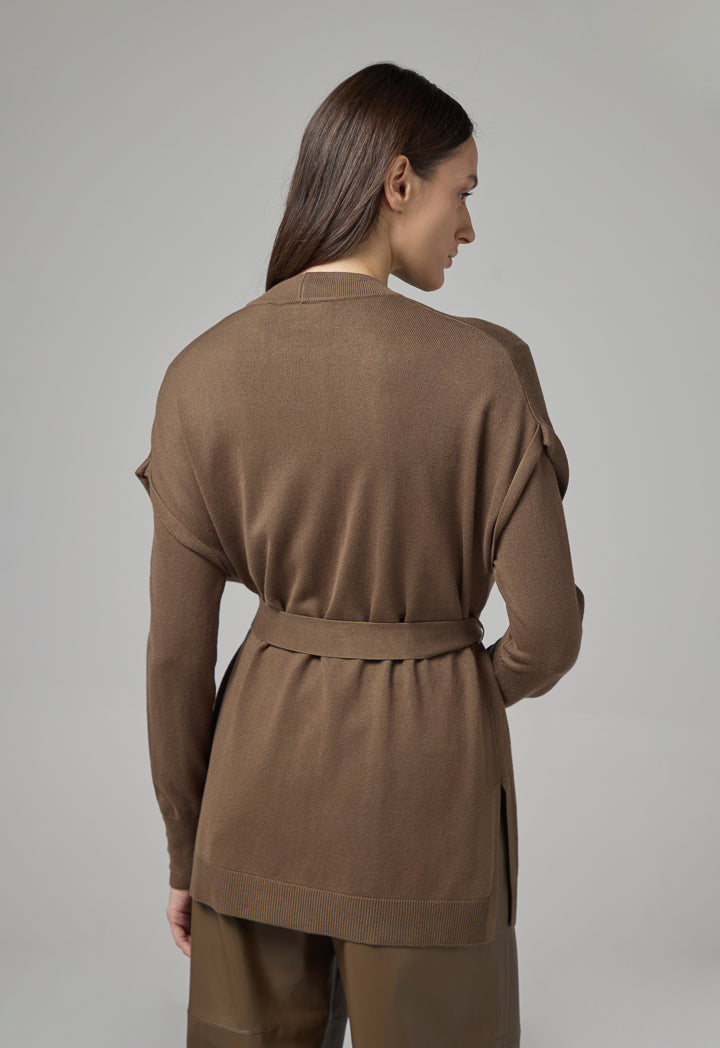 Choice Solid Cap Sleeve Knitted Belted Cardigan Khaki