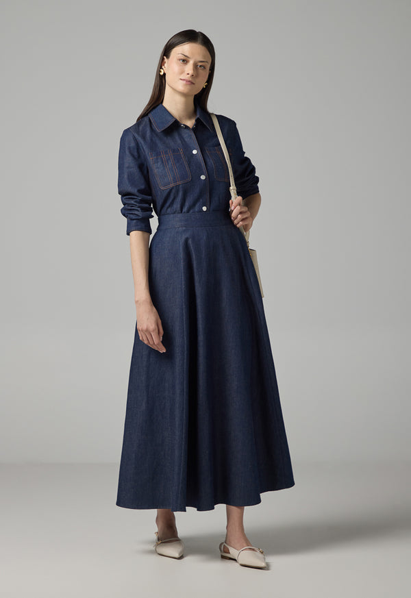 Choice Solid Flared Denim Skirt Indigo