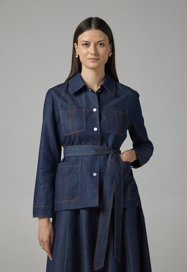 Choice Solid Front Pockets Belted Jacket Indigo